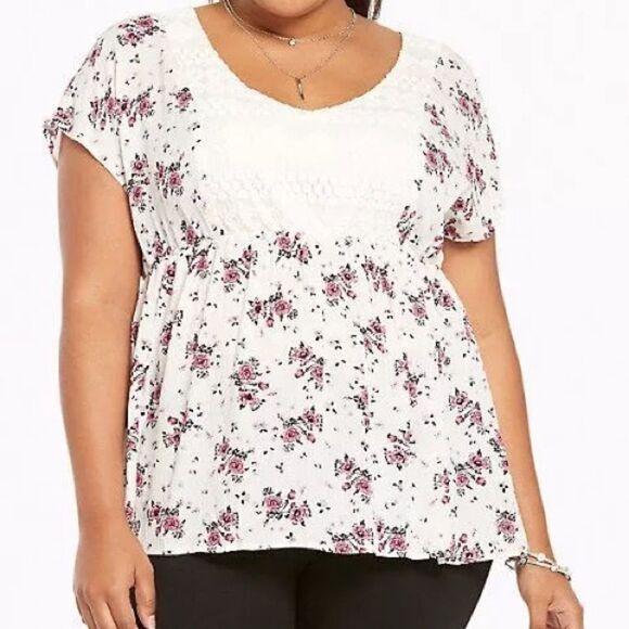 Torrid Floral Print Gauze Lace Inset Blouse - Picture 1 of 8